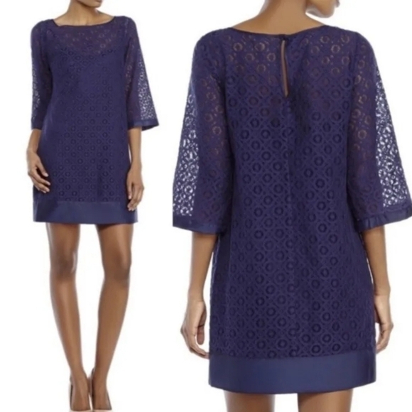 Laundry by Shelli Segal Navy Lace Shift Dress Sz 6 Sheer Overlay Cocktail Mini - Picture 1 of 12